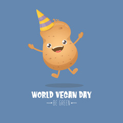 World vegan day greeting card with funny cartoon cute brown smiling tiny potato isolated on blue background. Vegan day banner. vegetable funky character