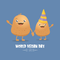 World vegan day greeting card with funny cartoon cute brown smiling tiny potato isolated on blue background. Vegan day banner. vegetable funky character