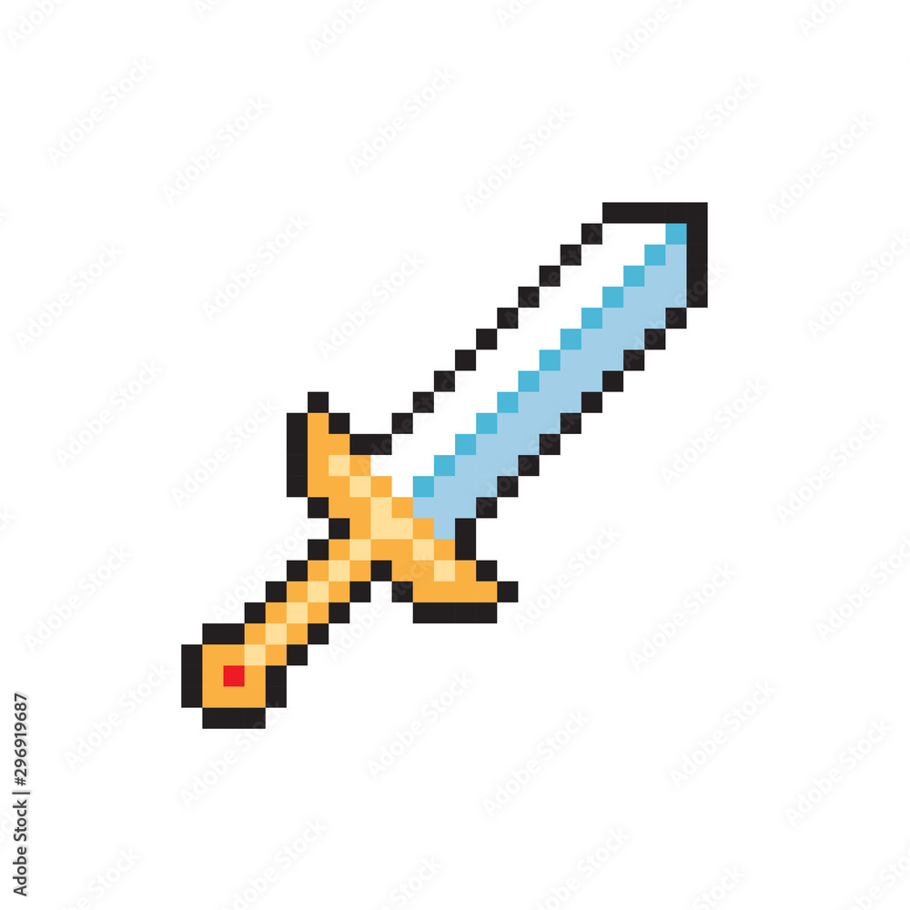Poster pixel video game sword icon. weapon for knight. vector illustration in retro game style isolated on 
