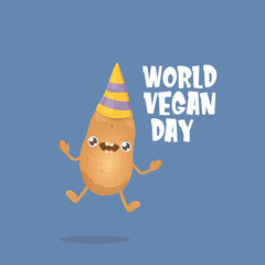 World vegan day greeting card with funny cartoon cute brown smiling tiny potato isolated on blue background. Vegan day banner. vegetable funky character