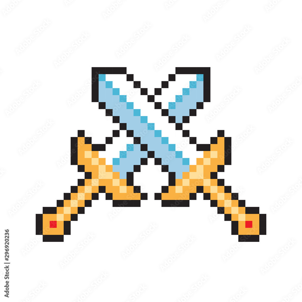 Poster pixel video game sword icon. сrossed swords. weapon for knight. vector illustration in retro game st