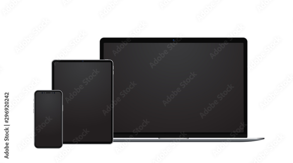 Poster device set template, smartphone mock up, tablet and laptop with blank screens in modern frameless st