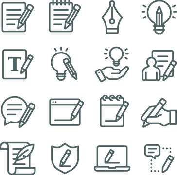 Copywriting icons set vector illustration. Contains such icon as content, writing, ideation, storytelling, editing and more. Expanded Stroke