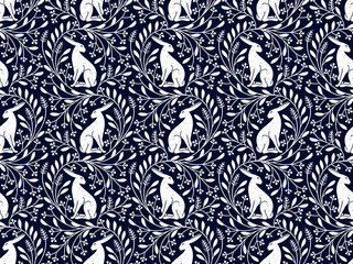 seamless blue pattern with a hare and gentle white floral ornament - 296921862
