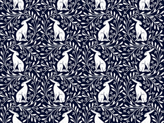 seamless blue pattern with a hare and gentle white floral ornament - 296921872