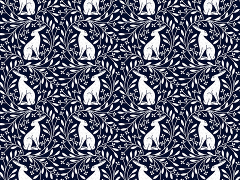 seamless blue pattern with a hare and gentle white floral ornament