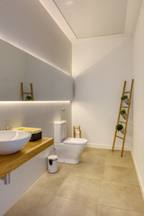 Fototapeta na wymiar Modern bathroom of milimalist design with ceramic washbasin suspended on solid oak wood table. Reed staircase with decorative planters.