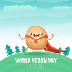 World vegan day banner or greeting card with cute super hero potato with red hero cape on green summer forest background. Super vegetable kawaii food funky character