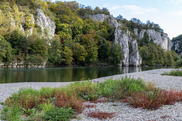 Danube valley at Danube river breakthrough near Kelheim, Bavaria, Germany in autumn with gravel...