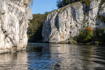 Danube river breakthrough near Kelheim, Bavaria, Germany in autumn with limestone rock formations...