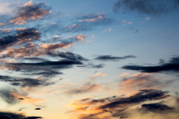 Clouds at sunset, amazing sky, nature background