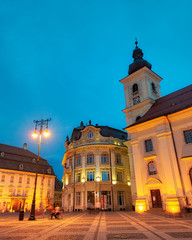 Naklejka premium Downtown Sibiu during sunset, Romania, taken in May 2019