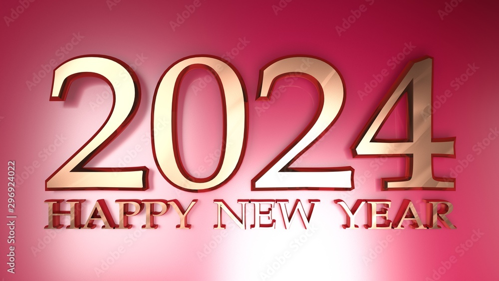 Poster 2024 happy new year copper write on red background - 3d rendering illustration