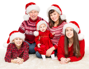 Christmas Family Portrait, Parents and Children in Red Santa Hats, Five Persons Isolated on White Background