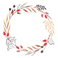 Watercolor round frame with dried winter herbs, leaves and dog-rose berries isolated on white background. Autumn illustration. Hand drawn floral wreath for invitations, greeting cards, postcards.