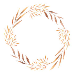 Watercolor round frame with dried winter herbs and leaves isolated on white background. Autumn illustration in brown colors. Hand drawn floral wreath for invitations, greeting cards, postcards.