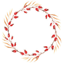 Watercolor round frame with dried winter herbs, leaves and dog-rose berries isolated on white background. Autumn artwork. Hand drawn floral wreath perfect for invitations, greeting cards, postcards.