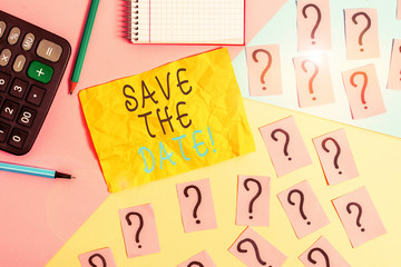 Writing note showing Save The Date. Business concept for reserve the mentioned future wedding date on their calendar Mathematics stuff and writing equipment above pastel colours background