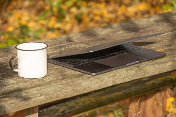 A laptop with a slightly open lid on a wooden table in the autumn garden. Nearby is a white enameled metal mug. The countertop is covered with small lichen. Yellow fallen foliage in the background - Powered by Adobe