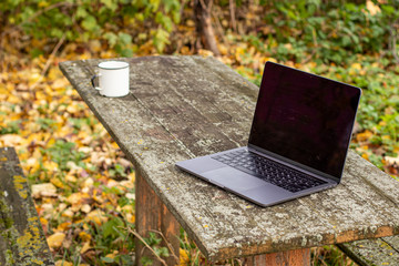A laptop with an open lid stands on a wooden table in the autumn garden. Nearby is a white enameled metal mug. The table top is covered with small lichen. Yellow fallen foliage in the background. - Powered by Adobe