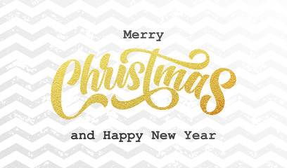 Merry Christmas golden calligraphy lettering with zigzag pattern background. Vector Xmas holiday sparkling ornaments on white background design
