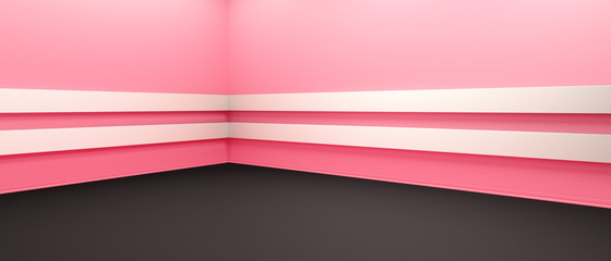 Empty corner with pink walls and black floor. Empty room studio gradient used for background and display your product. 3d illustration