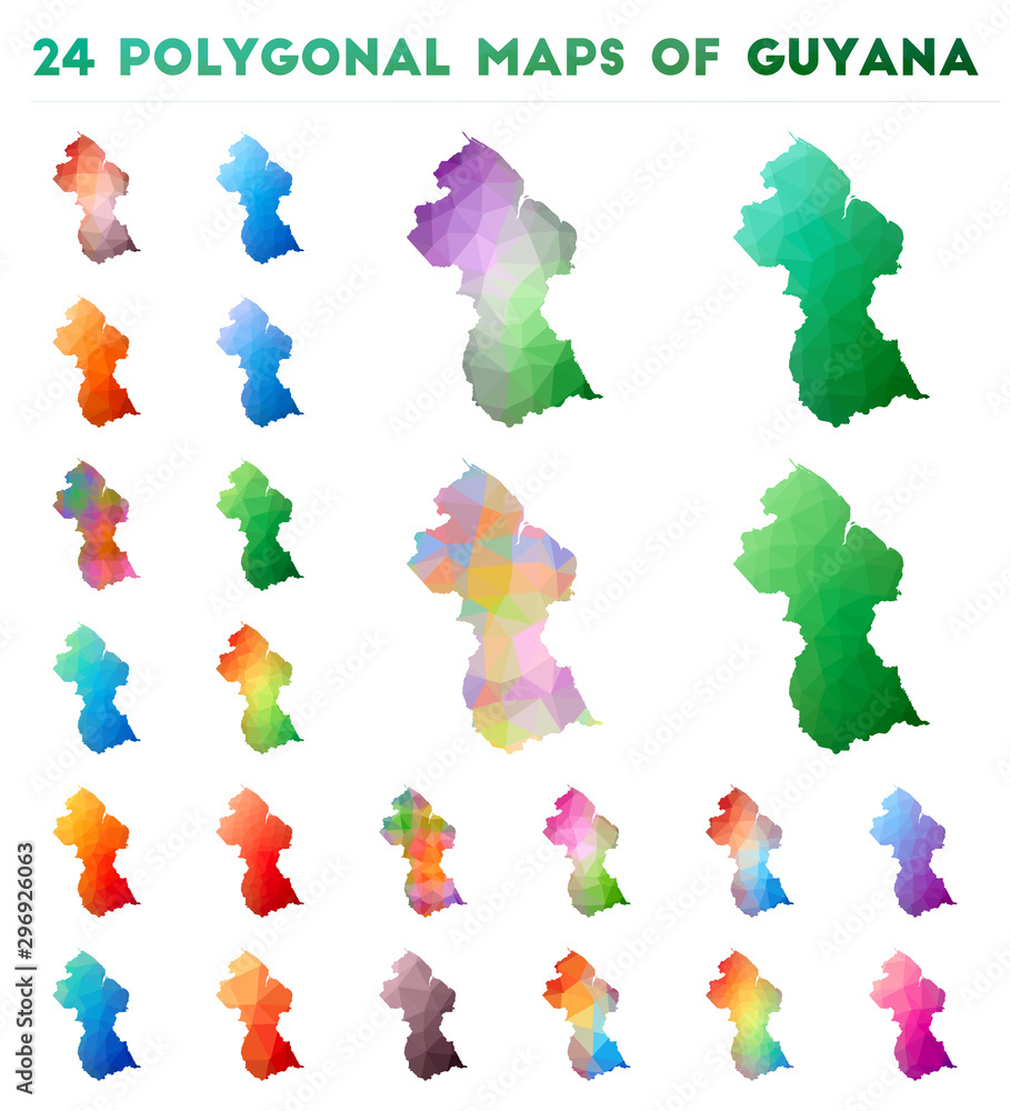 Poster set of vector polygonal maps of guyana. bright gradient map of country in low poly style. multicolor
