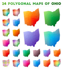Set of vector polygonal maps of Ohio. Bright gradient map of us state in low poly style. Multicolored Ohio map in geometric style for your infographics.