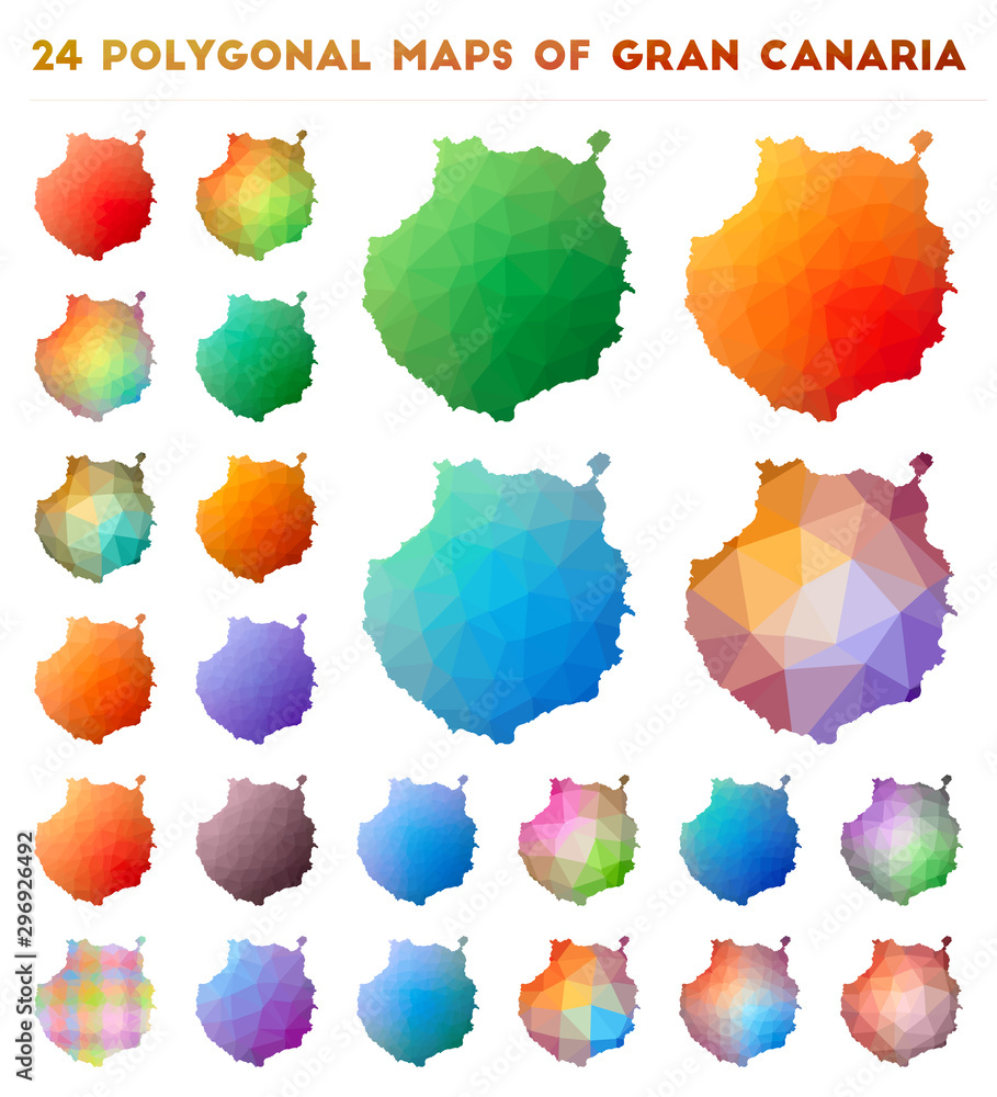 Poster set of vector polygonal maps of gran canaria. bright gradient map of the island in low poly style. m