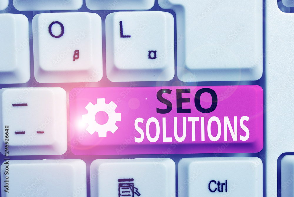 Poster writing note showing seo solutions. business concept for search engine result page increase visitors