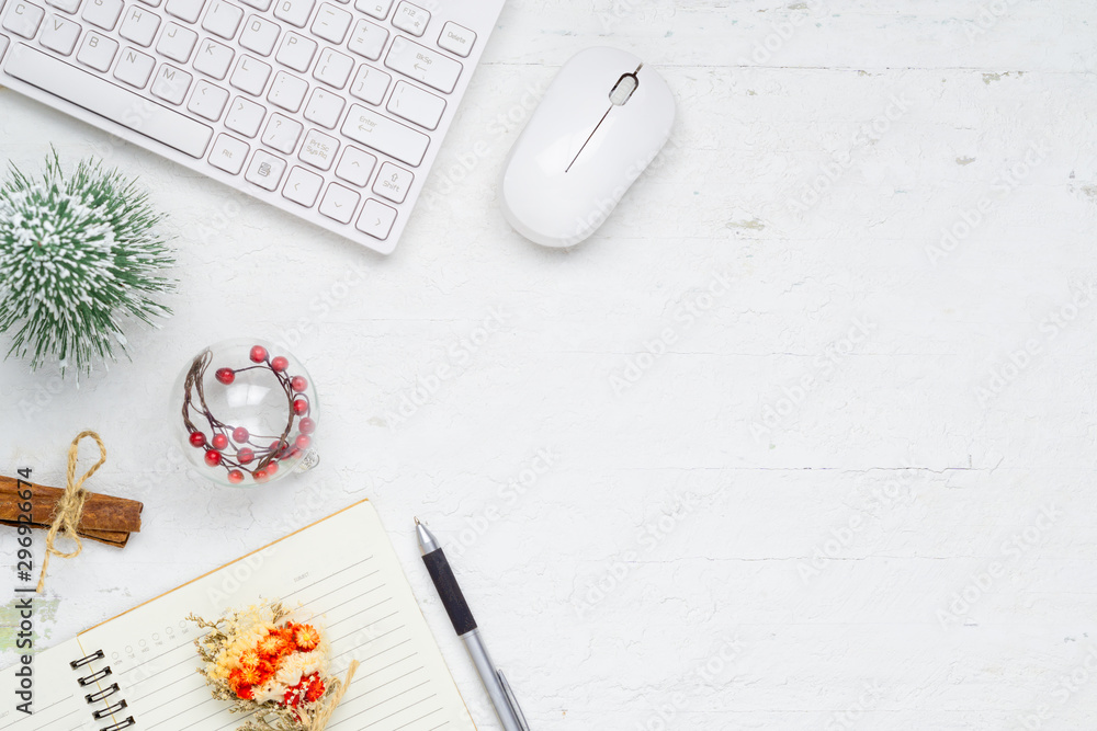 Poster merry christmas and happy new years office work space desktop concept. flat lay top view with keyboa
