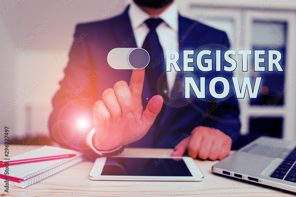 Poster writing note showing register now. business concept for name in an official list enlist to be a memb