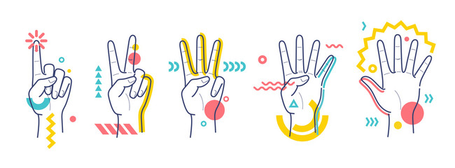 Hands showing numbers one, two, three, four, five. Flat / line style with colorful small geometric particles and dots. Set elements.