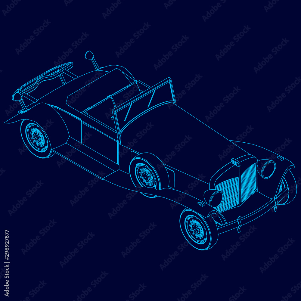 Wall mural The contour of a retro car from blue lines on a dark background. View isometric. Vector illustration.