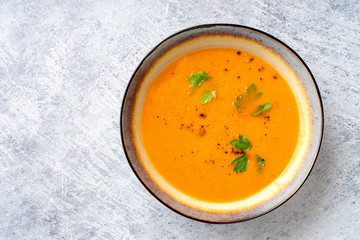 Close up of winter spicy lentil cream soup