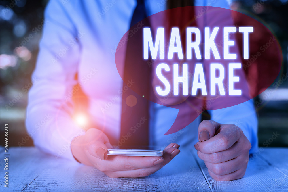 Poster writing note showing market share. business concept for the portion of a market controlled by a part