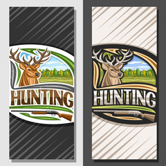 Vector layouts for Hunting, decorative leaflet with illustration of white-tailed deer head on autumn trees background, original typeface for word hunting and old rifle, vertical concept for hunt club.