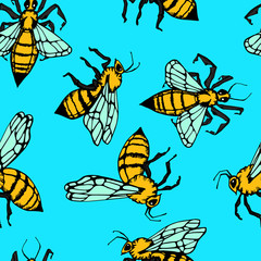 Bees, hand drawn seamless pattern. Decorative colored wallpaper, good for printing. Hand drawn overlapping background, beekeeping. Design illustration vector