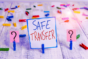 Conceptual hand writing showing Safe Transfer. Concept meaning Wire Transfers electronically Not paper based Transaction Crumbling sheet with paper clips placed on the wooden table