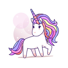 Kawaii magical unicorn standing pastel color, happy cartoon vector