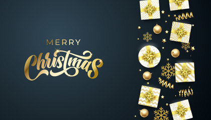 Merry Christmas golden greeting card on premium black background. Vector Christmas calligraphy lettering, gifts, snowflakes and gold glitter stars