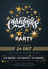 Merry Christmas Party poster. 24 December celebration banner template with text, golden twinkling stars