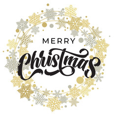 Merry Christmas lettering with golden and silver ornaments and wreath decoration of stars, snowflakes. Merry Christmas calligraphic greeting card