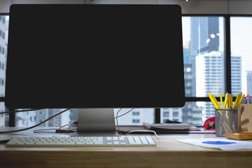 Comfortable workplace with Mix of office supplies and gadgets modern computer