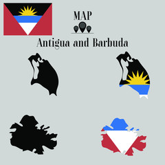 Antigua and Barbuda  outline world map, contour silhouette with national flag inside vector illustration creative design, isolated on background, objects, element, symbol from countries set