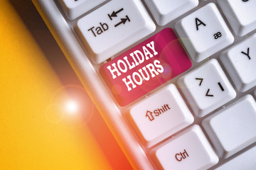 Conceptual hand writing showing Holiday Hours. Concept meaning employee receives twice their normal...