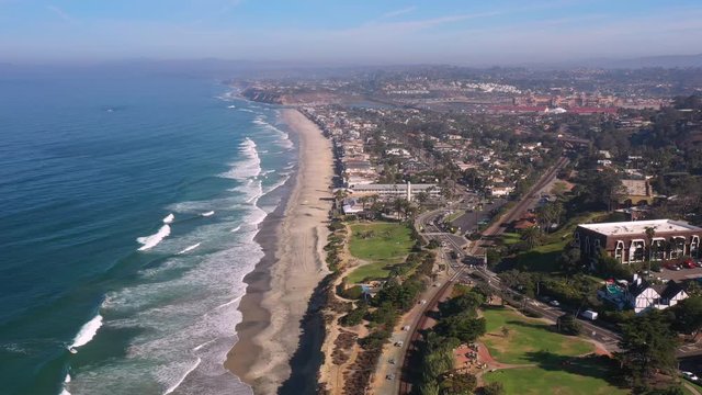 Aerial view above California beach city of Del Mar on beautiful clear day 
