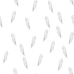 Feather pattern falling background. Hand drawn vector seamless print.