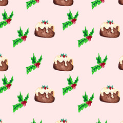 Christmas pattern with Christmas cake and mistletoe.Used for wedding and greeting cards,posters,wallpapers,print,postcards and paper.