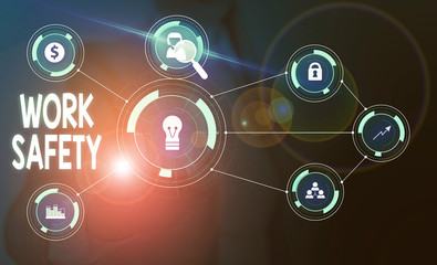 Text sign showing Work Safety. Business photo showcasing Policies and control in place according to government standard Woman wear formal work suit presenting presentation using smart device